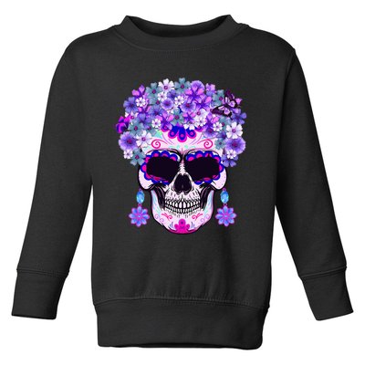 Purple Floral Sugar Skull Day Of Dead Bone Head Butterfly Toddler Sweatshirt