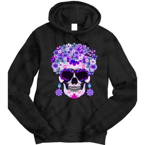 Purple Floral Sugar Skull Day Of Dead Bone Head Butterfly Tie Dye Hoodie