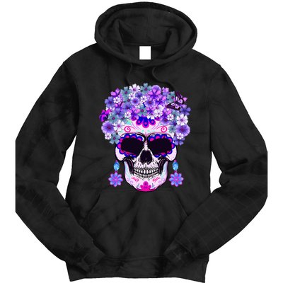 Purple Floral Sugar Skull Day Of Dead Bone Head Butterfly Tie Dye Hoodie