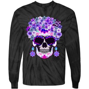 Purple Floral Sugar Skull Day Of Dead Bone Head Butterfly Tie-Dye Long Sleeve Shirt