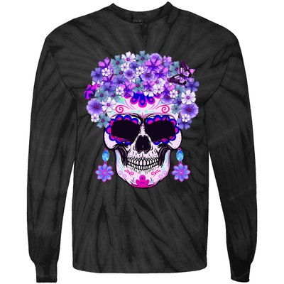 Purple Floral Sugar Skull Day Of Dead Bone Head Butterfly Tie-Dye Long Sleeve Shirt