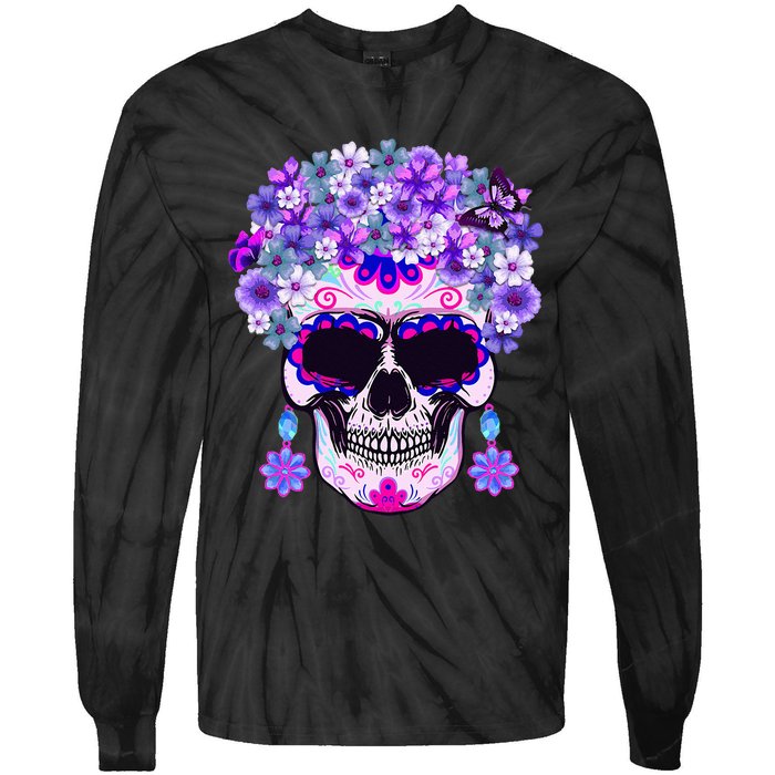 Purple Floral Sugar Skull Day Of Dead Bone Head Butterfly Tie-Dye Long Sleeve Shirt