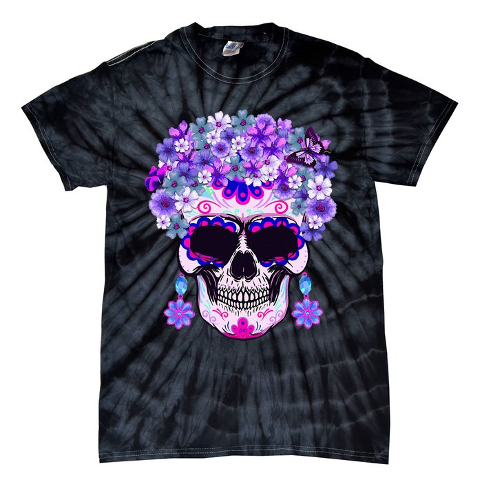 Purple Floral Sugar Skull Day Of Dead Bone Head Butterfly Tie-Dye T-Shirt