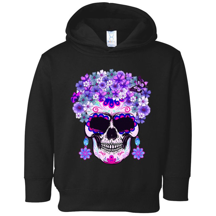 Purple Floral Sugar Skull Day Of Dead Bone Head Butterfly Toddler Hoodie