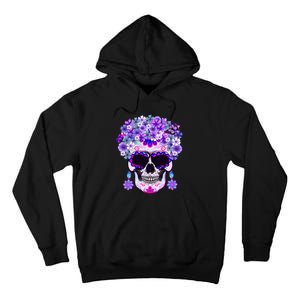 Purple Floral Sugar Skull Day Of Dead Bone Head Butterfly Tall Hoodie