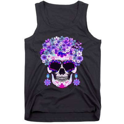 Purple Floral Sugar Skull Day Of Dead Bone Head Butterfly Tank Top