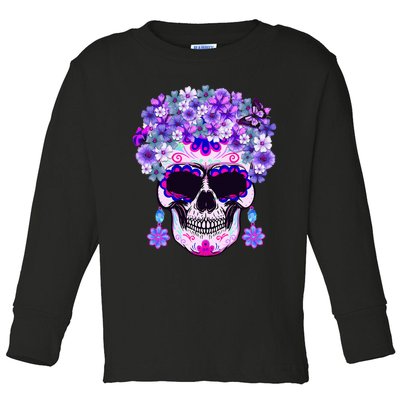 Purple Floral Sugar Skull Day Of Dead Bone Head Butterfly Toddler Long Sleeve Shirt