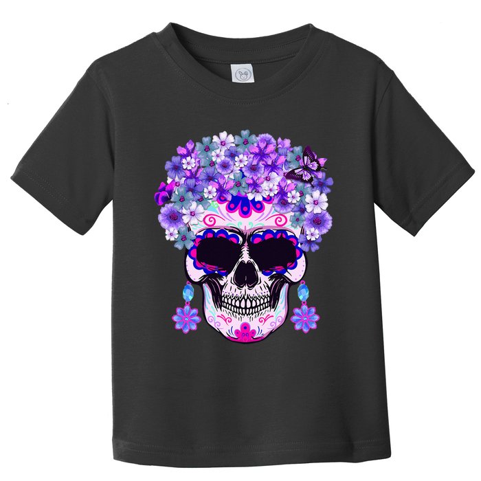 Purple Floral Sugar Skull Day Of Dead Bone Head Butterfly Toddler T-Shirt