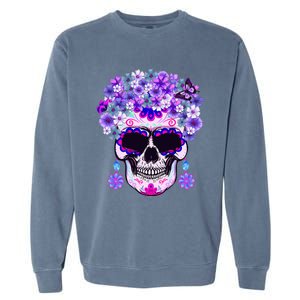 Purple Floral Sugar Skull Day Of Dead Bone Head Butterfly Garment-Dyed Sweatshirt