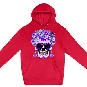 Purple Floral Sugar Skull Day Of Dead Bone Head Butterfly Premium Pullover Hoodie