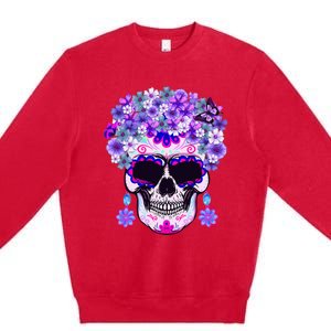 Purple Floral Sugar Skull Day Of Dead Bone Head Butterfly Premium Crewneck Sweatshirt