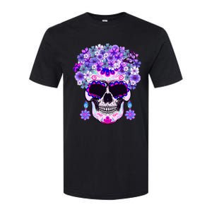 Purple Floral Sugar Skull Day Of Dead Bone Head Butterfly Softstyle CVC T-Shirt