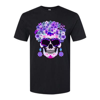 Purple Floral Sugar Skull Day Of Dead Bone Head Butterfly Softstyle CVC T-Shirt