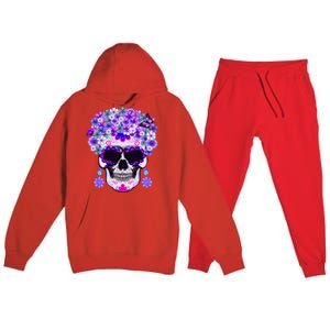 Purple Floral Sugar Skull Day Of Dead Bone Head Butterfly Premium Hooded Sweatsuit Set