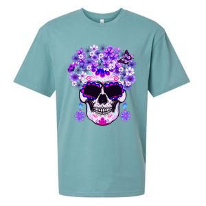 Purple Floral Sugar Skull Day Of Dead Bone Head Butterfly Sueded Cloud Jersey T-Shirt