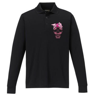 pink flamingo skull breast cancer awareness halloween Performance Long Sleeve Polo