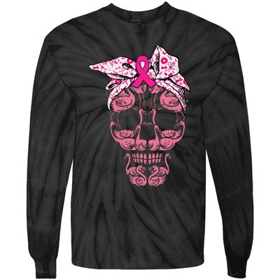 pink flamingo skull breast cancer awareness halloween Tie-Dye Long Sleeve Shirt