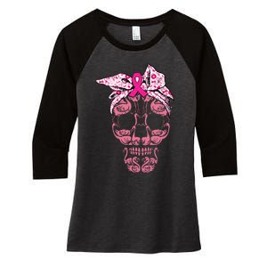 pink flamingo skull breast cancer awareness halloween Women's Tri-Blend 3/4-Sleeve Raglan Shirt