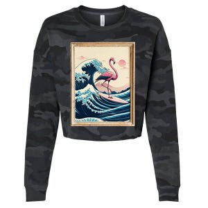 Pink Flamingo Surfer Tropical Great Big Wave Framed Cropped Pullover Crew