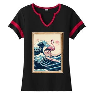 Pink Flamingo Surfer Tropical Great Big Wave Framed Ladies Halftime Notch Neck Tee