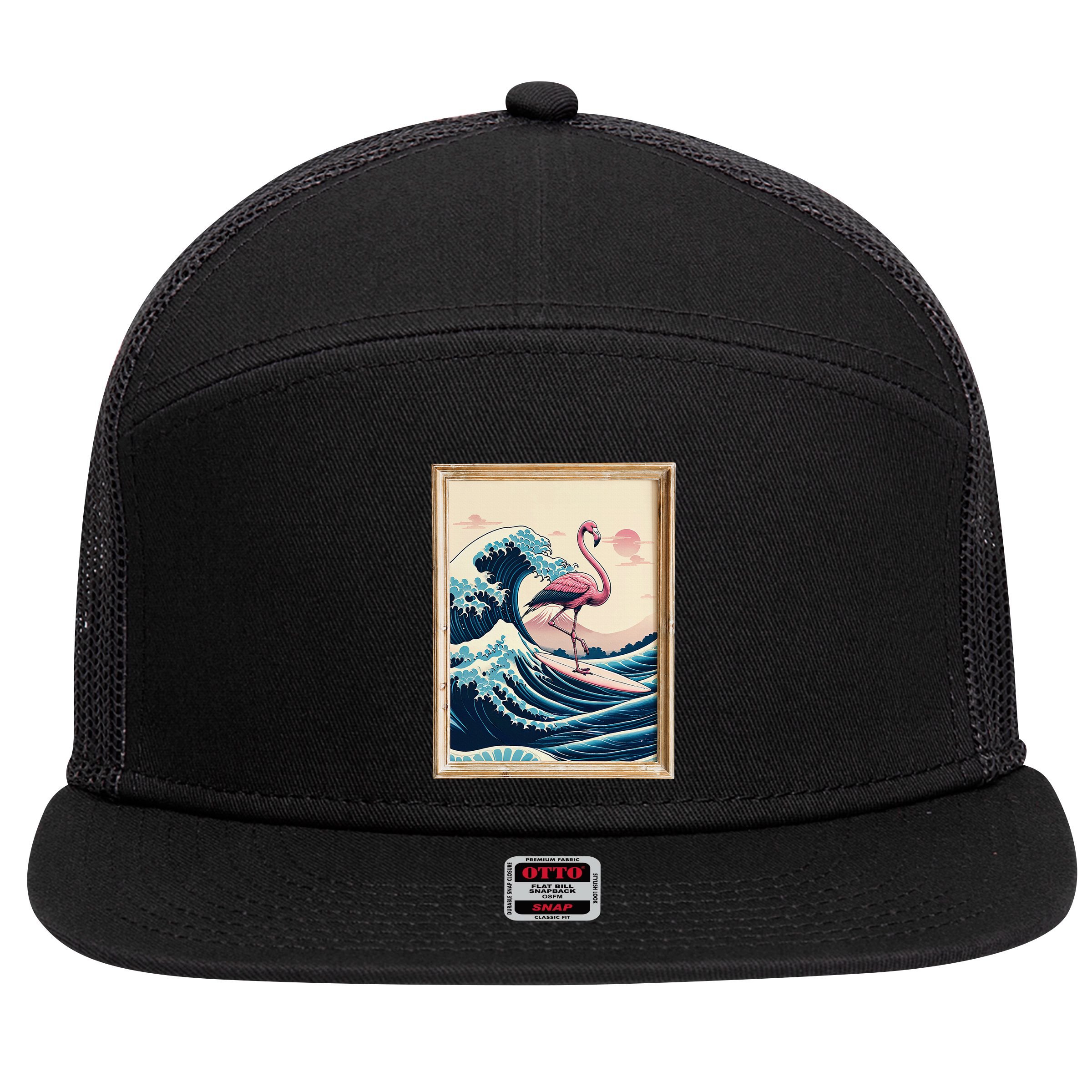 Pink Flamingo Surfer Tropical Great Big Wave Framed 7 Panel Mesh Trucker Snapback Hat