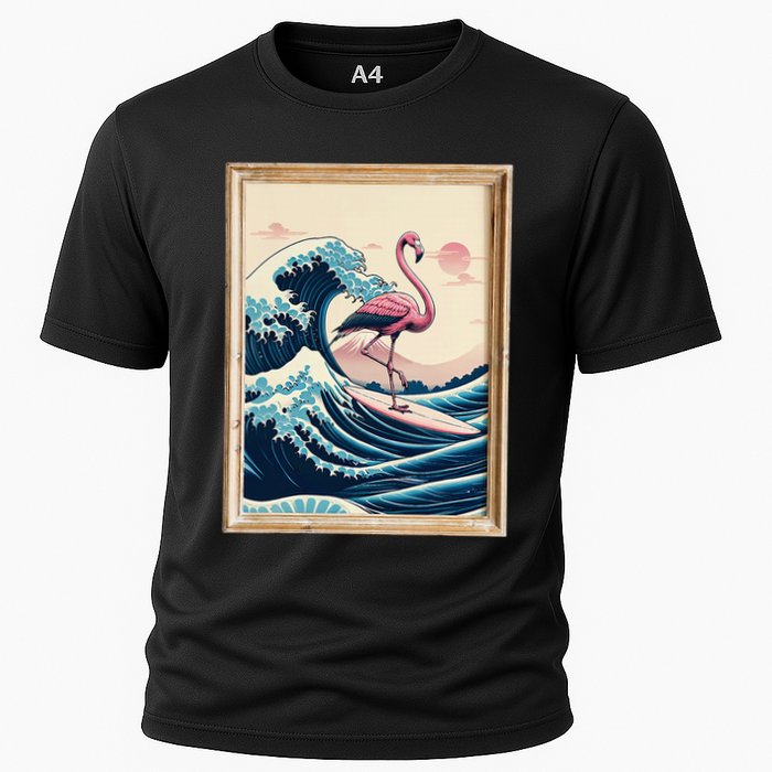 Pink Flamingo Surfer Tropical Great Big Wave Framed Cooling Performance Crew T-Shirt