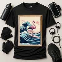 Pink Flamingo Surfer Tropical Great Big Wave Framed Cooling Performance Crew T-Shirt
