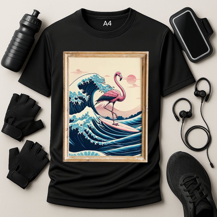 Pink Flamingo Surfer Tropical Great Big Wave Framed Cooling Performance Crew T-Shirt