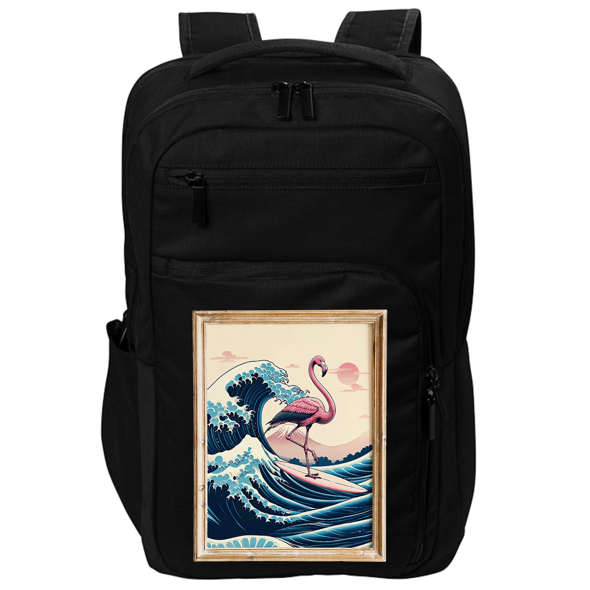 Pink Flamingo Surfer Tropical Great Big Wave Framed Impact Tech Backpack