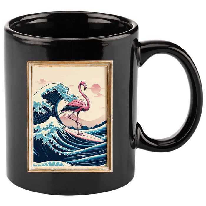 Pink Flamingo Surfer Tropical Great Big Wave Framed 11oz C Handle Ceramic Mug