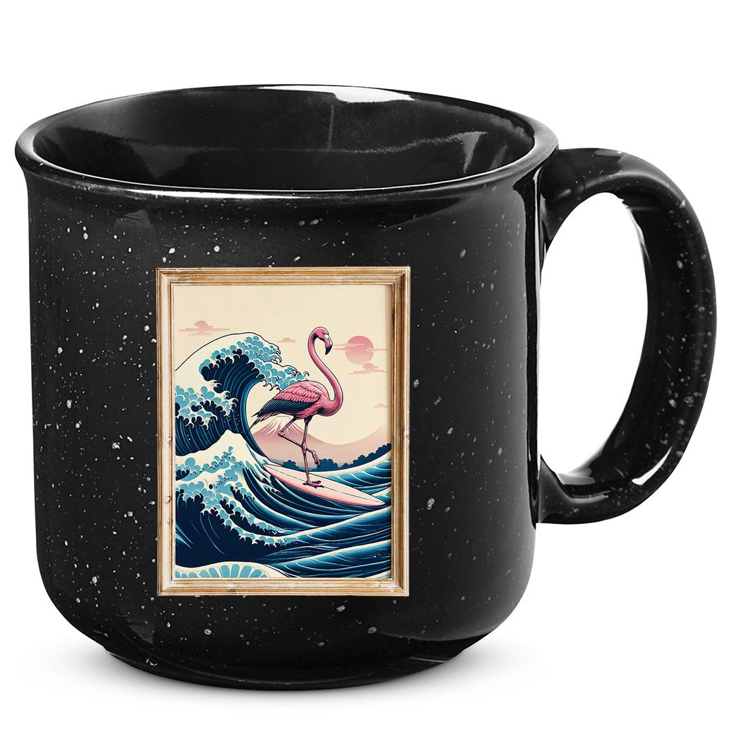 Pink Flamingo Surfer Tropical Great Big Wave Framed 15oz Campfire Ceramic Mug