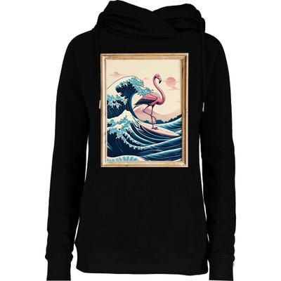 Pink Flamingo Surfer Tropical Great Big Wave Framed Womens Funnel Neck Pullover Hood
