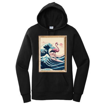 Pink Flamingo Surfer Tropical Great Big Wave Framed Women's Pullover Hoodie