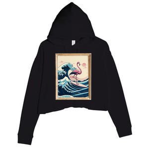 Pink Flamingo Surfer Tropical Great Big Wave Framed Crop Fleece Hoodie