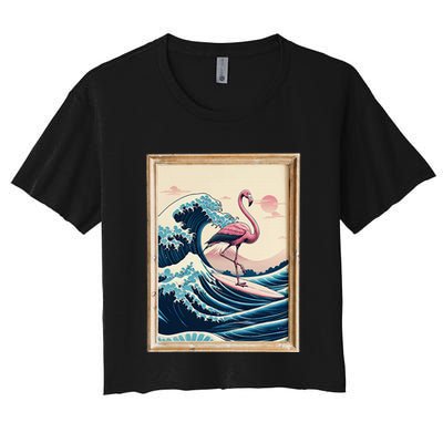 Pink Flamingo Surfer Tropical Great Big Wave Framed Crop Top
