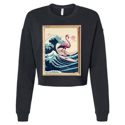 Pink Flamingo Surfer Tropical Great Big Wave Framed Cropped Pullover Crew