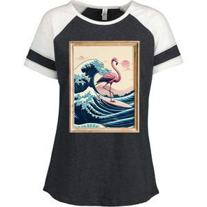 Pink Flamingo Surfer Tropical Great Big Wave Framed Enza Ladies Jersey Colorblock Tee