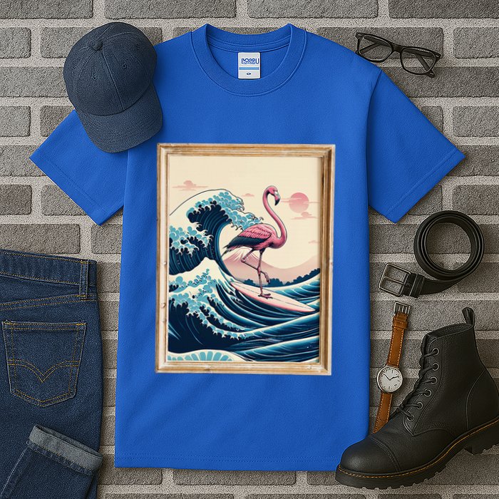Pink Flamingo Surfer Tropical Great Big Wave Framed Tall T-Shirt