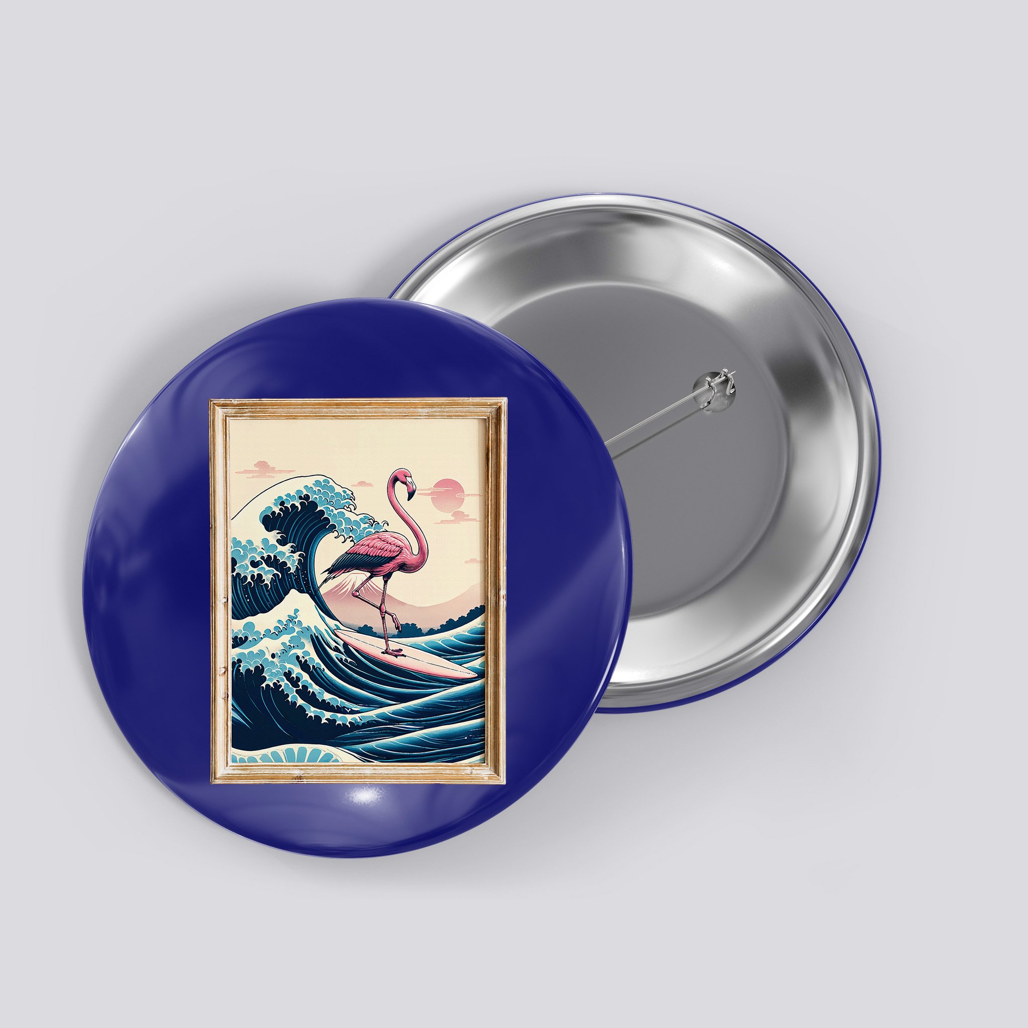Pink Flamingo Surfer Tropical Great Big Wave Framed Button