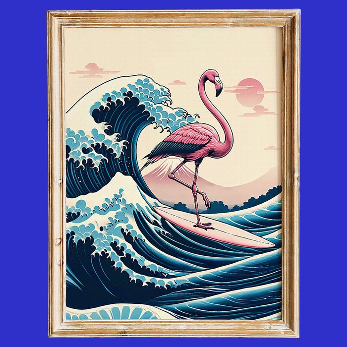 Pink Flamingo Surfer Tropical Great Big Wave Framed Button