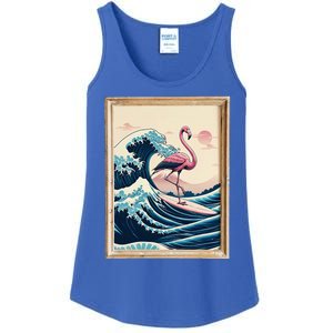 Pink Flamingo Surfer Tropical Great Big Wave Framed Ladies Essential Tank