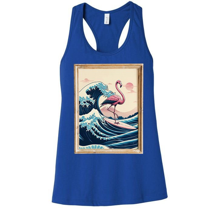 Pink Flamingo Surfer Tropical Great Big Wave Framed Women's Racerback Tank