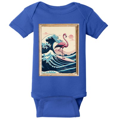 Pink Flamingo Surfer Tropical Great Big Wave Framed Baby Bodysuit