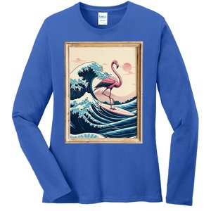 Pink Flamingo Surfer Tropical Great Big Wave Framed Ladies Long Sleeve Shirt