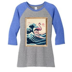 Pink Flamingo Surfer Tropical Great Big Wave Framed Women's Tri-Blend 3/4-Sleeve Raglan Shirt