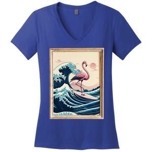 Pink Flamingo Surfer Tropical Great Big Wave Framed Women's V-Neck T-Shirt