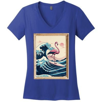 Pink Flamingo Surfer Tropical Great Big Wave Framed Women's V-Neck T-Shirt