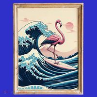 Pink Flamingo Surfer Tropical Great Big Wave Framed Kids T-Shirt