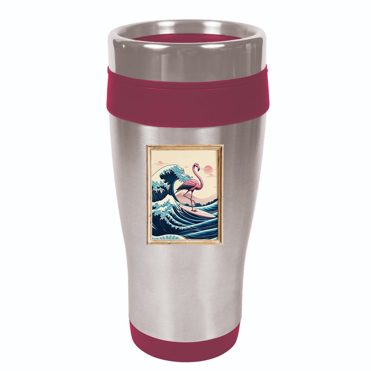 Pink Flamingo Surfer Tropical Great Big Wave Framed 16oz Travel Tumbler