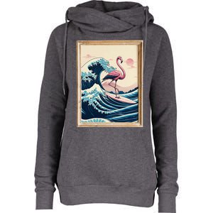 Pink Flamingo Surfer Tropical Great Big Wave Framed Womens Funnel Neck Pullover Hood